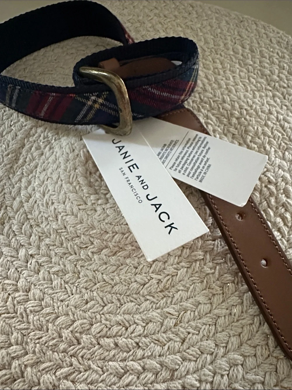 Janie and Jack Navy and Red Plaid Fabric Belt with Leather Trim NWT